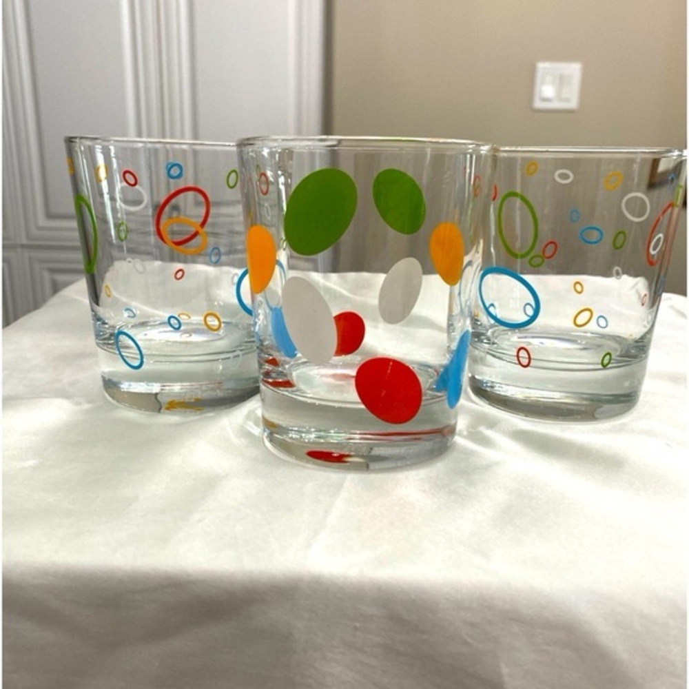 EUC 3 IKEA FLAT TUMBLER GLASSES WITH COLOURED CIRCLES AND SPOTS